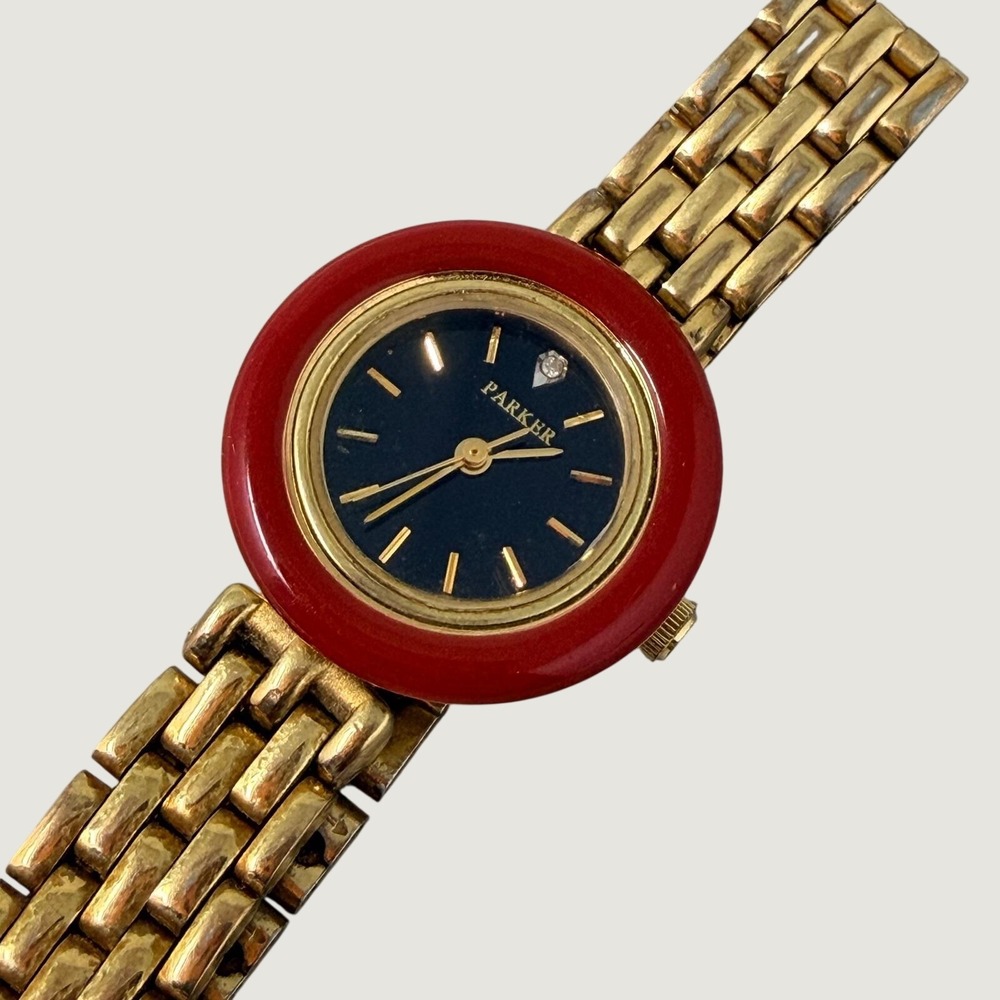 Parker Vintage Red Bezel Gold Tone Watch Japan Movt B2035/377 41376 Womens